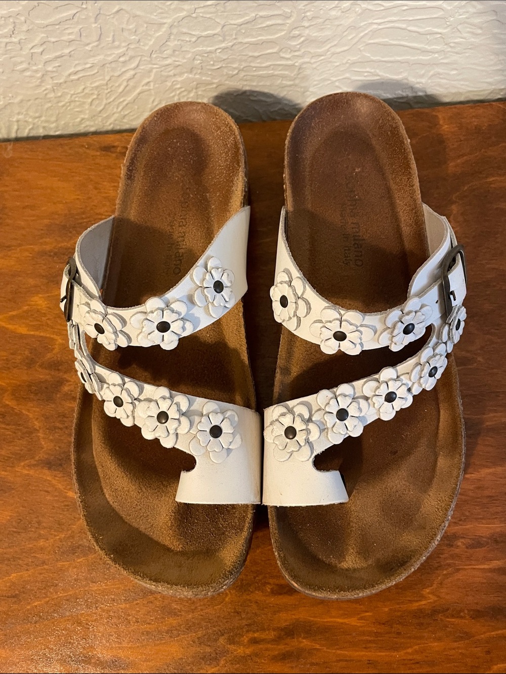 Women's White Floral Double-Strap Sandals with Buckle